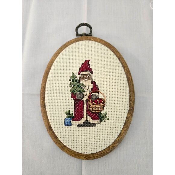 Vintage Cross-stitched and Framed Santa Wall Hanging Piece - Picture 1 of 4